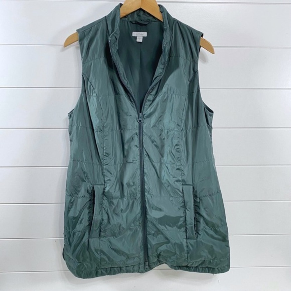 J. Jill Womens Quilted Mid Length Down Puffer Vest sz S Green Full Zip Outdoor‎